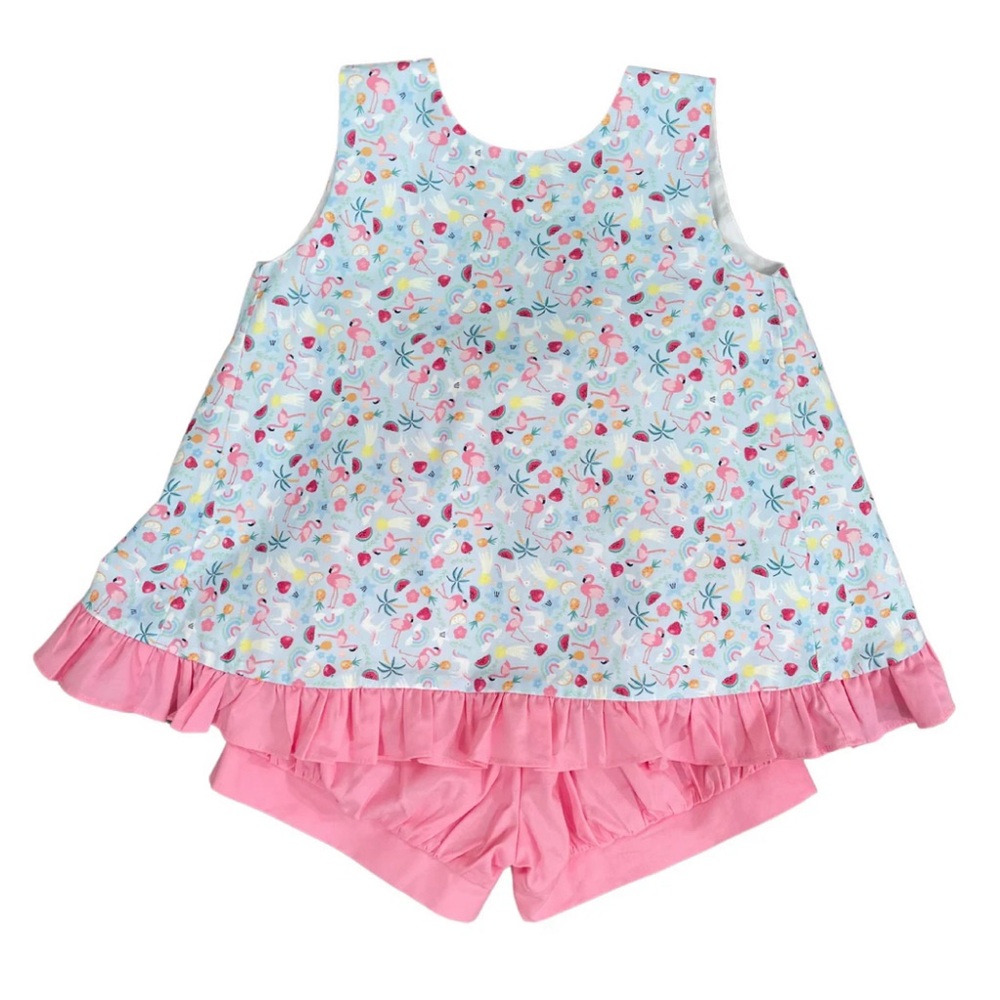 NWT James & Lottie Mae Swing Bloomer Short Set, Tooty Fruity Flamingo